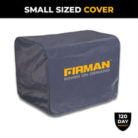 A gray Small Size Portable Generator Weatherproof Cover by FIRMAN Power Equipment with "POWER ON DEMAND" on the side and a 120-day warranty badge in the corner.