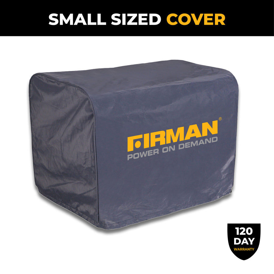 A gray Small Size Portable Generator Weatherproof Cover by FIRMAN Power Equipment with "POWER ON DEMAND" on the side and a 120-day warranty badge in the corner.