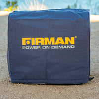 A blue Small Size Portable Generator Weatherproof Cover by FIRMAN Power Equipment, with a yellow "FIRMAN POWER ON DEMAND" logo, rests on gravel outdoors, highlighting its protective design for small generators.