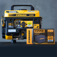 A yellow and black generator is displayed in the background, with a FIRMAN Power Equipment Small Size Portable Generator Weatherproof Cover box showcased prominently in the foreground.