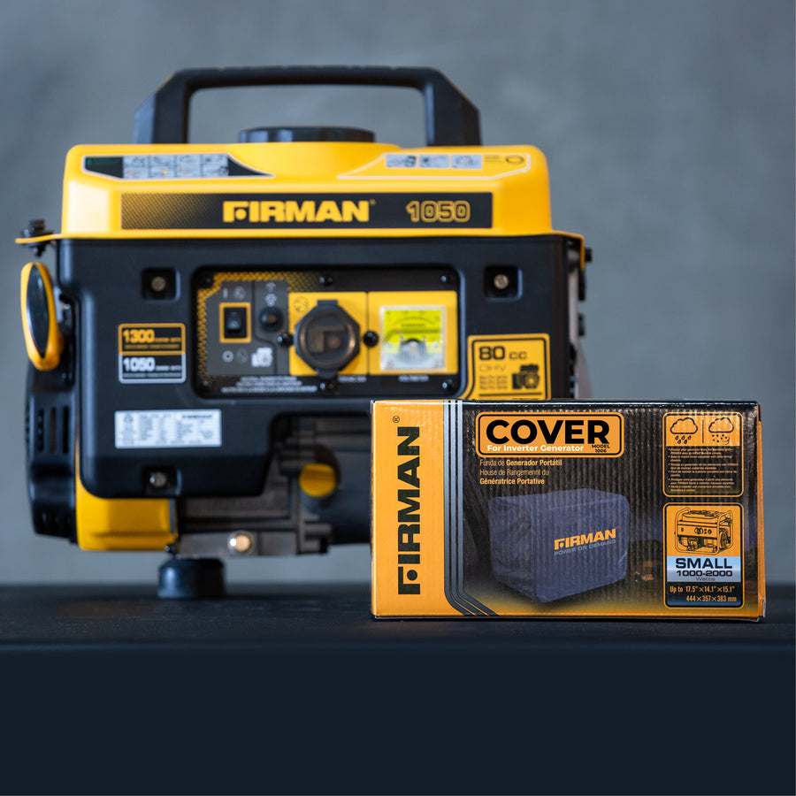 A yellow and black generator is displayed in the background, with a FIRMAN Power Equipment Small Size Portable Generator Weatherproof Cover box showcased prominently in the foreground.