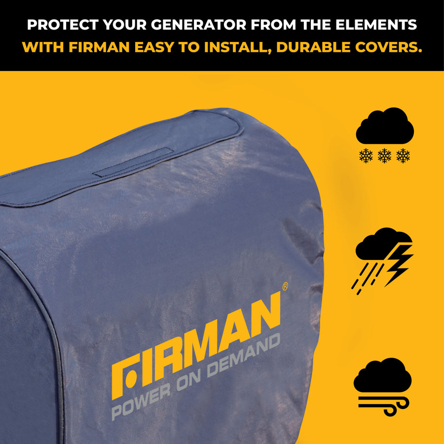 The FIRMAN Power Equipment Small Size Inverter Portable Generator Weatherproof Cover shields your generator from snow, rain, and dust with a durable, weatherproof material and offers easy installation.