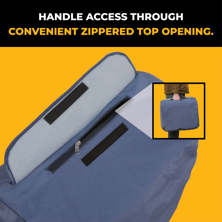 The FIRMAN Power Equipment Small Size Inverter Portable Generator Weatherproof Cover is shown open and closed; an inset image shows a person holding the case by its handle.