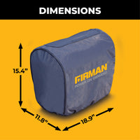 The FIRMAN Power Equipment Small Size Inverter Portable Generator Weatherproof Cover, measuring 15.4" tall x 11.8" wide x 18.9" long, is shown on a yellow background—ideal for lasting protection of your generator.