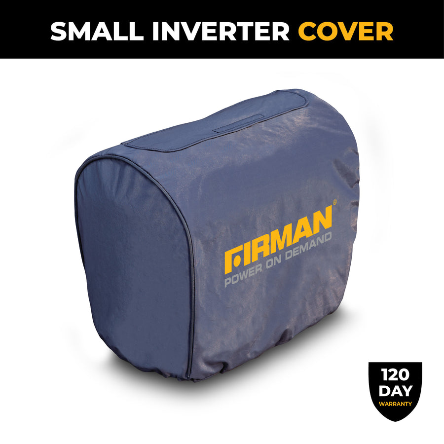 A blue FIRMAN Power Equipment Small Size Inverter Portable Generator Weatherproof Cover with "Power On Demand" text is shown on a white background, featuring a "120 Day Warranty" label. It offers reliable protection for your generator.