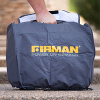 A person carries a portable generator outdoors in a gray Small Size Inverter Portable Generator Weatherproof Cover by FIRMAN Power Equipment.