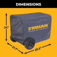 A gray FIRMAN Power Equipment Large Size Portable Generator Cover is shown with "POWER ON DEMAND" text; it's weatherproof and measures 24"H x 21.7"D x 29.5"W, with arrows indicating the dimensions.
