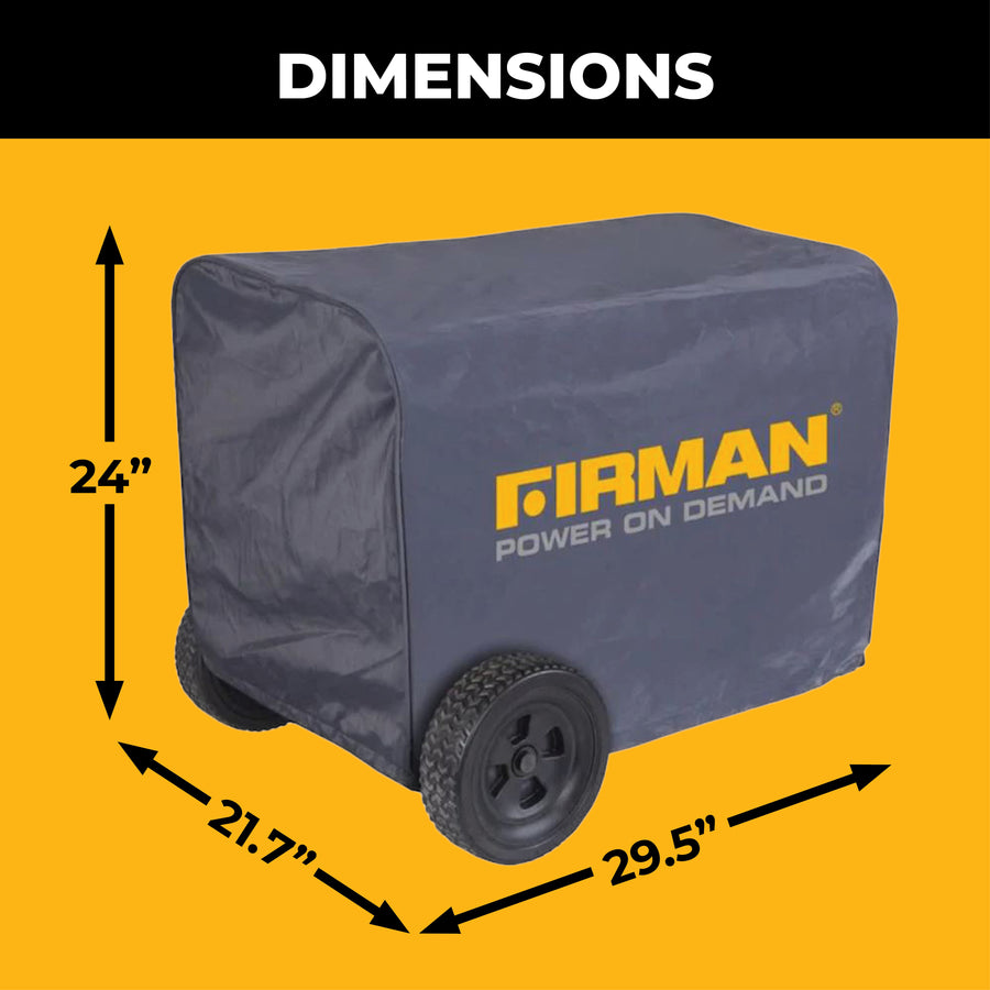 A gray FIRMAN Power Equipment Large Size Portable Generator Cover is shown with "POWER ON DEMAND" text; it's weatherproof and measures 24"H x 21.7"D x 29.5"W, with arrows indicating the dimensions.