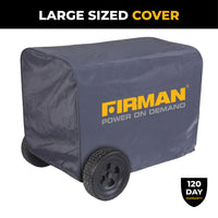 A FIRMAN Power Equipment Large Size Portable Generator Cover in grey is fitted over a wheeled generator, featuring a "120 Day Warranty" label in the bottom right corner.