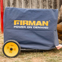 A FIRMAN Power Equipment Large Size Portable Generator Cover shields a portable generator with yellow wheels on grass near a wooden fence. The weatherproof cover features the FIRMAN logo and "POWER ON DEMAND" text.