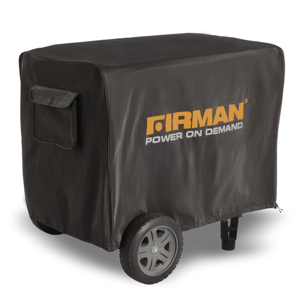 A FIRMAN Power Equipment Extra Large Size Portable Generator Cover in a sleek black design on wheels, featuring an adjustable drawstring closure and branded "Firman Power on Demand.