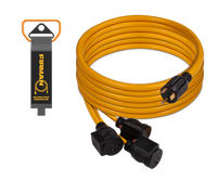 A 25' heavy duty FIRMAN Power Equipment generator power cord, TT-30P to (3)5-20R, with two black three-prong outlets and a black and orange storage strap.