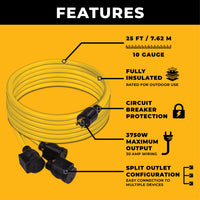 The FIRMAN Power Equipment 25' Heavy Duty L5-30P to (3) 5-20R Power Cord features yellow 10-gauge wiring, black connectors, insulation, breaker protection, 3750W max output, and includes a convenient storage strap.