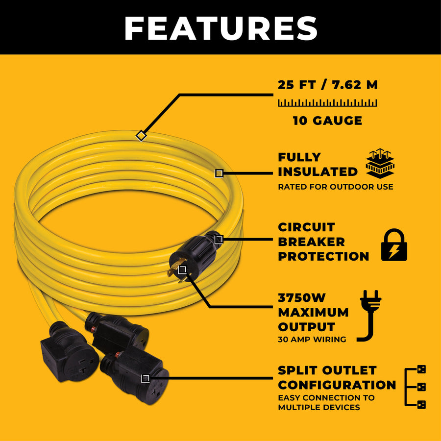 The FIRMAN Power Equipment 25' Heavy Duty L5-30P to (3) 5-20R Power Cord features yellow 10-gauge wiring, black connectors, insulation, breaker protection, 3750W max output, and includes a convenient storage strap.
