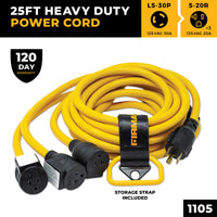 The FIRMAN Power Equipment 25' Heavy Duty L5-30P to (3) 5-20R Power Cord features a storage strap and durable yellow design—perfect as a generator extension cord.