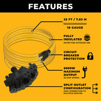 The FIRMAN Power Equipment 25ft Heavy Duty L14-30P to (4) 5-20R Power Cord With Storage Strap is shown on a yellow background, highlighting its split outlet design, circuit breaker protection, and 5000W max output.
