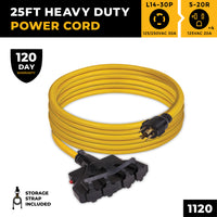 The FIRMAN Power Equipment 25ft Heavy Duty L14-30P to (4) 5-20R Power Cord includes four outlets, a storage strap, and a 120-day warranty—ideal as a generator extension cord for added convenience and peace of mind.