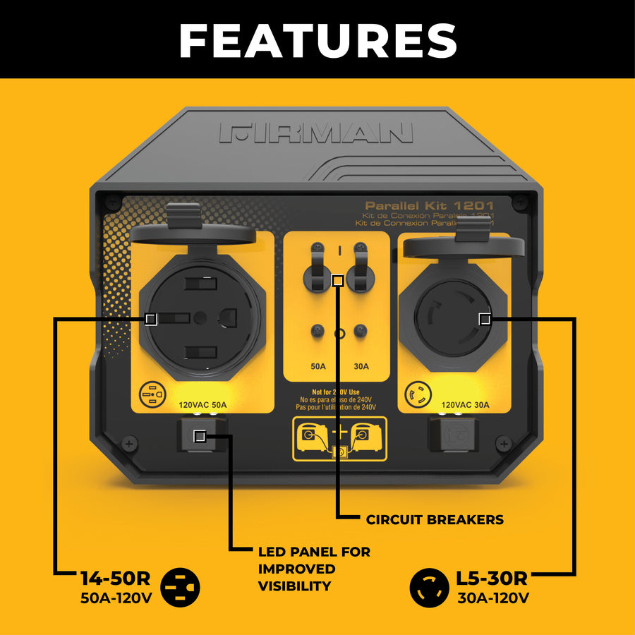 Front view of a FIRMAN Power Equipment 50A Portable Generator Parallel Kit, showing labeled 14-50R and L5-30R outlets, circuit breakers, and an LED panel—perfect for connecting inverter generators with parallel cables.