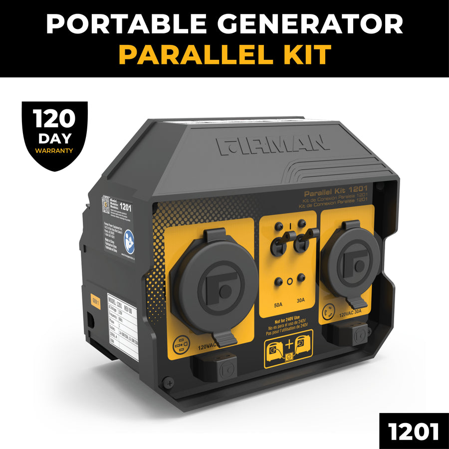 The FIRMAN Power Equipment 50A Portable Generator Parallel Kit includes parallel cables, two power outlets, labeled controls, and a 120-day warranty badge for portable and inverter generators.