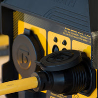 Close-up of a yellow power cable plugged into a FIRMAN Power Equipment generator, showing connection ports and labels. Ideal for use with the 50A Portable Generator Parallel Kit to connect inverter generators.