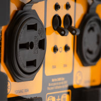 Close-up of two black outlets and switches on an orange and black FIRMAN Power Equipment panel, with labels and voltage markings—compatible with 50A Portable Generator Parallel Kit for inverter generators.