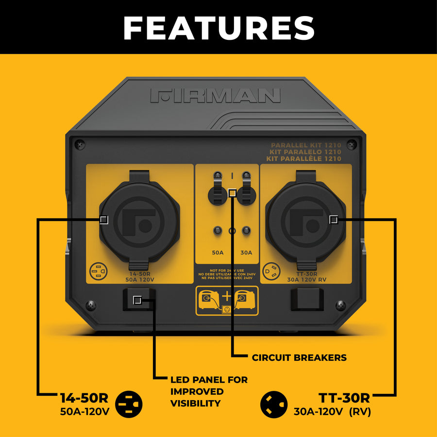Front view of the FIRMAN Power Equipment 50A Portable Generator Parallel Kit, showing labeled features: RV-ready 14-50R 50A-120V outlet, TT-30R 30A-120V outlet, LED panel, and circuit breakers—ideal for inverter generator connections.
