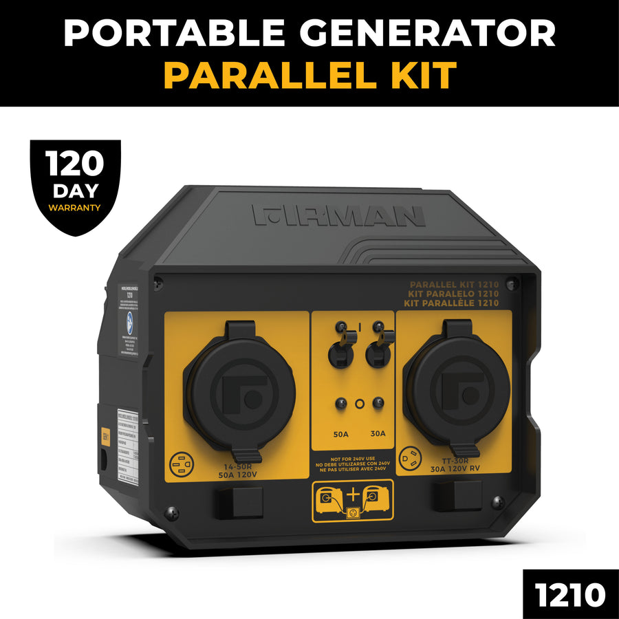 The FIRMAN Power Equipment 50A PORTABLE GENERATOR PARALLEL KIT features RV-ready dual 50A outlets, two circuit breakers, labeled connectors, and includes a 120-day warranty.