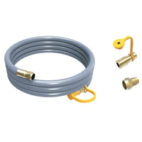 The FIRMAN Power Equipment 10FT Natural Gas Hose with Storage Strap features brass fittings, a yellow shut-off valve, and two connector adapters—perfect for enhancing tri-fuel generator performance and fuel efficiency.