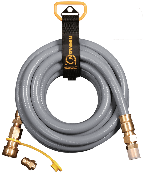 The FIRMAN Power Equipment 25FT Natural Gas Large Hose 3/4in comes with brass fittings, a yellow handle, a black storage strap, and two brass connectors—ideal for boosting your generator’s fuel efficiency.