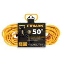 FIRMAN Power Equipment 50' Medium Duty 5-15P to (3) 5-15R Generator Utility Power Cord With Storage Strap packaging, prominently displayed against a white background.