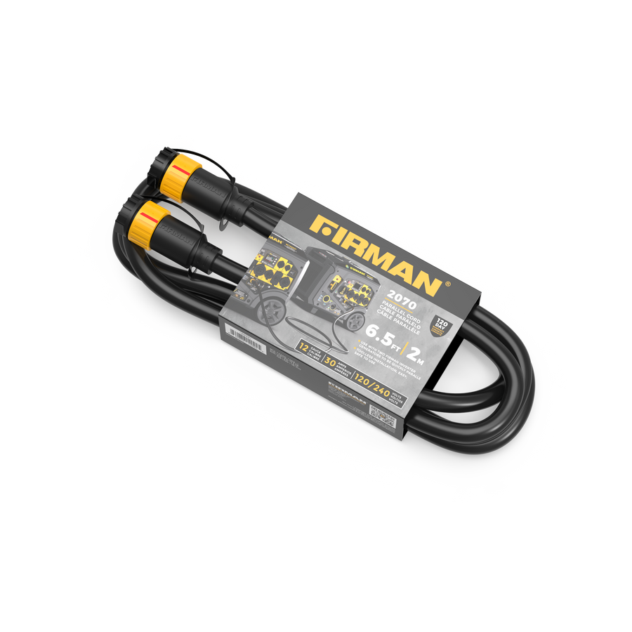 A packaged FIRMAN Power Equipment Parallel Cord for over 5000W FIRMAN Portable Inverter Generator 120/240V 7200W with yellow connectors is displayed against a white background, perfect for use with FIRMAN WHISPER Series inverters.