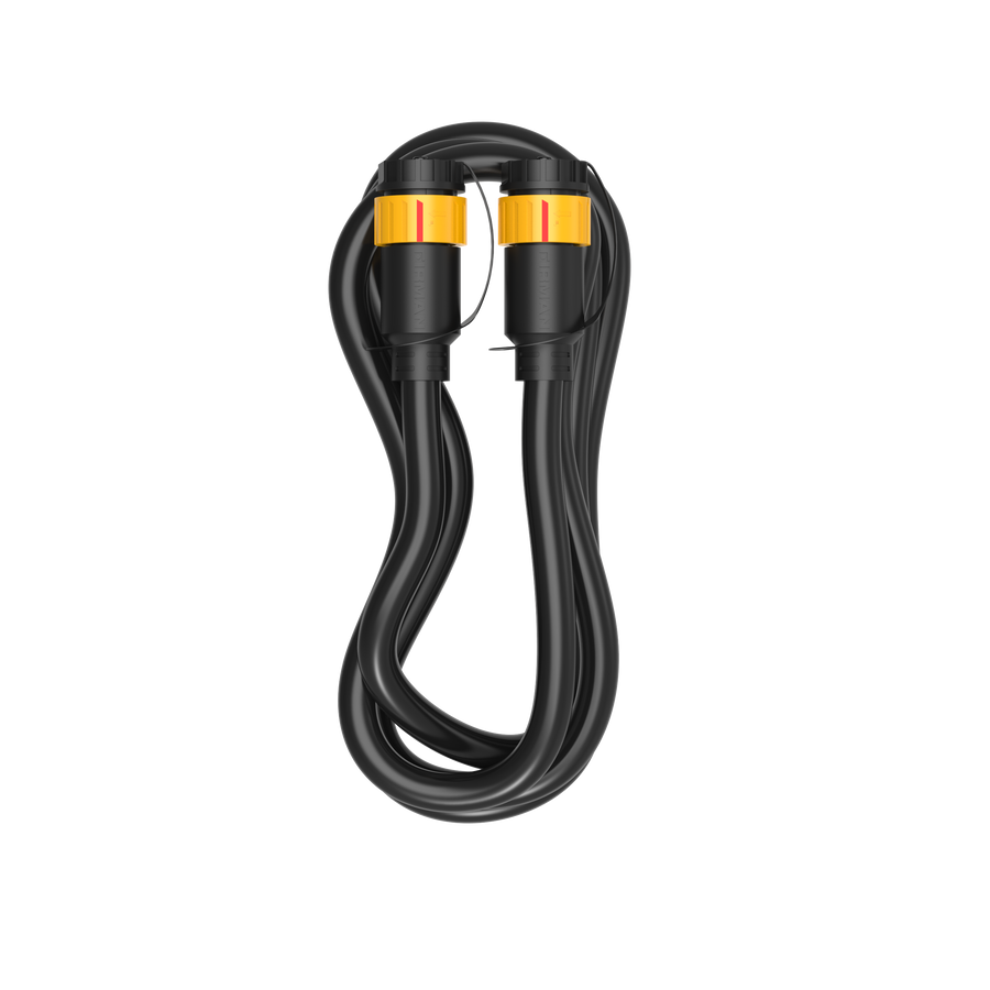 The FIRMAN Power Equipment Parallel Cord for over 5000W FIRMAN Portable Inverter Generator 120/240V 7200W is a coiled black cable with yellow and black connectors at both ends, specifically designed for seamless integration with FIRMAN WHISPER Series inverters to provide combined power solutions.