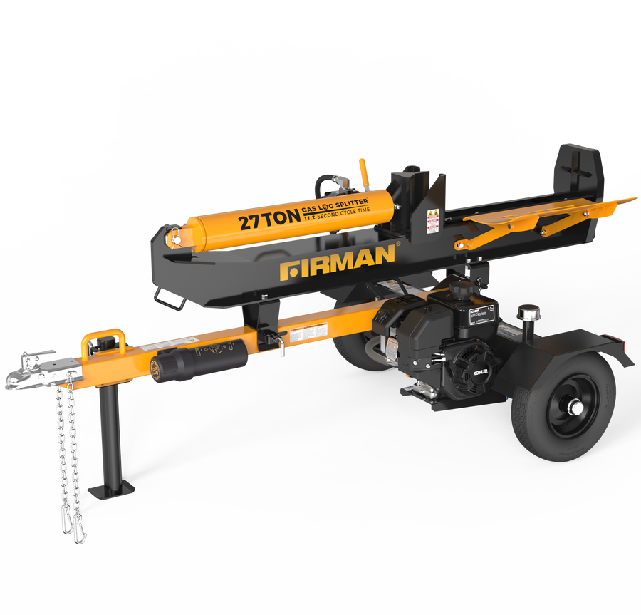 Orange and black FIRMAN Power Equipment 27-Ton Log Splitter on a white background, featuring a KOHLER engine and trailer hitch.
