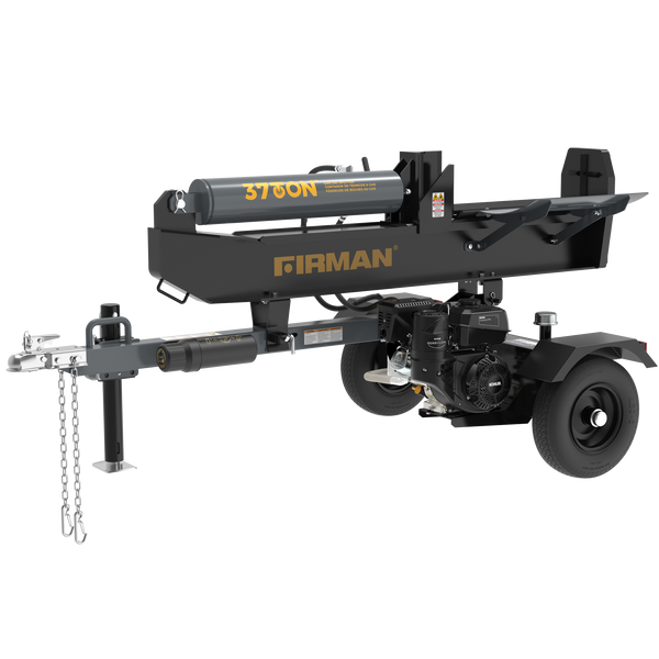 Image of a black FIRMAN Power Equipment 37-Ton Log Splitter with 3700N written on the side, featuring a sturdy base with attached wheels and a hitch for towing, powered by a KOHLER engine and boasting an impressive 37-ton splitting force.