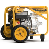 A yellow, gas-powered water pump with two large wheels, labeled as the "FIRMAN Power Equipment 2-Inch Portable High Pressure Water and Semi-Trash Pump," features a self-priming cast iron pump for maximum efficiency.