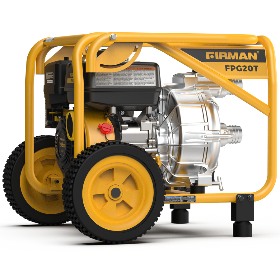 A yellow, gas-powered water pump with two large wheels, labeled as the "FIRMAN Power Equipment 2-Inch Portable High Pressure Water and Semi-Trash Pump," features a self-priming cast iron pump for maximum efficiency.