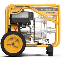 The FIRMAN Power Equipment 2-Inch Portable High Pressure Water and Semi-Trash Pump is a versatile mobile unit, featuring a yellow frame and black engine. Its large wheels enable easy transportation, while its efficient gas-powered pump ensures reliable performance wherever needed.