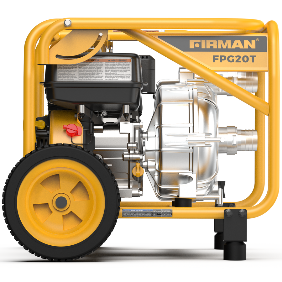 The FIRMAN Power Equipment 2-Inch Portable High Pressure Water and Semi-Trash Pump is a versatile mobile unit, featuring a yellow frame and black engine. Its large wheels enable easy transportation, while its efficient gas-powered pump ensures reliable performance wherever needed.