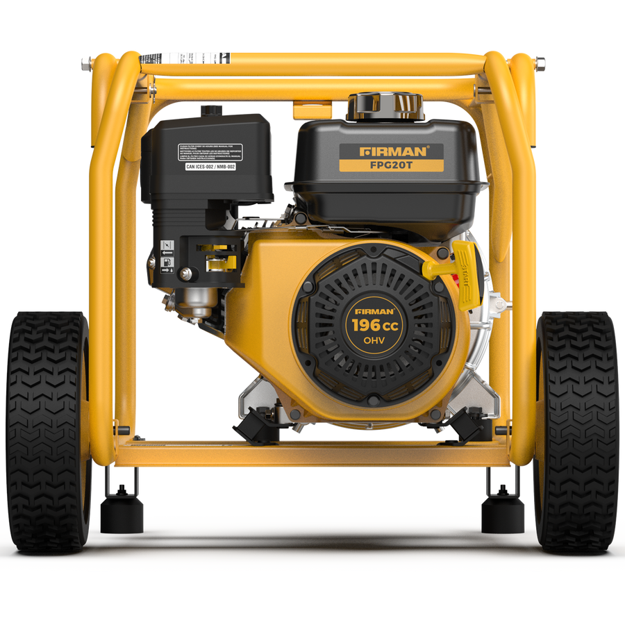 The FIRMAN Power Equipment yellow portable generator, named the 2-Inch Portable High Pressure Water and Semi-Trash Pump, is equipped with a powerful 196 cc engine and a sleek black control panel. Designed for easy mobility with its mounted wheels, this gas-powered pump boasts a self-priming cast iron pump for optimal efficiency.