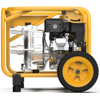 The yellow 2-Inch Portable High Pressure Water and Semi-Trash Pump from FIRMAN Power Equipment, featuring a metal frame and visible engine components, highlights the efficiency of its self-priming cast iron pump. A large black wheel on one side ensures easy mobility for this powerful, gas-powered device.