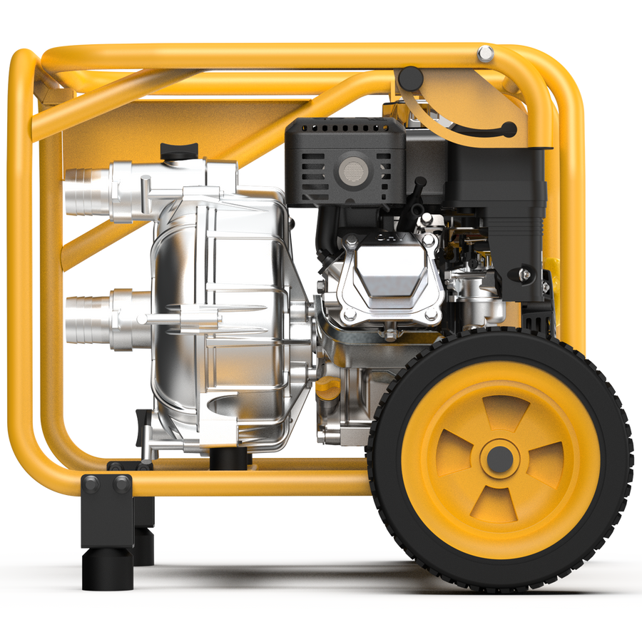 The yellow 2-Inch Portable High Pressure Water and Semi-Trash Pump from FIRMAN Power Equipment, featuring a metal frame and visible engine components, highlights the efficiency of its self-priming cast iron pump. A large black wheel on one side ensures easy mobility for this powerful, gas-powered device.