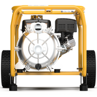 A front-facing view of a yellow and silver 2-Inch Portable High Pressure Water and Semi-Trash Pump by FIRMAN Power Equipment, showcasing its large wheels, visible engine, and self-priming cast iron pump.