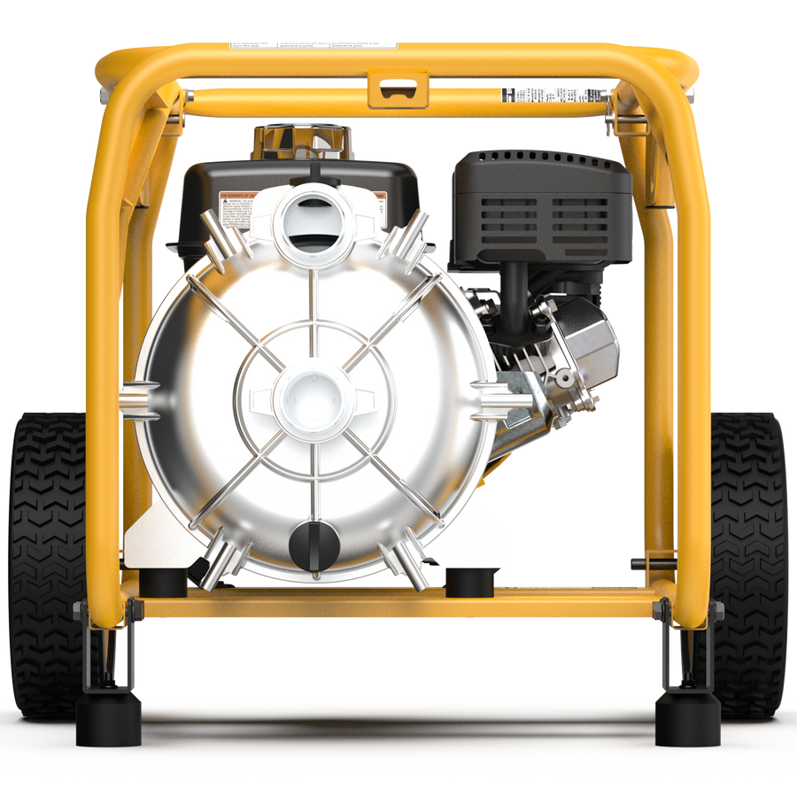 A front-facing view of a yellow and silver 2-Inch Portable High Pressure Water and Semi-Trash Pump by FIRMAN Power Equipment, showcasing its large wheels, visible engine, and self-priming cast iron pump.