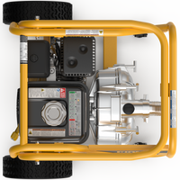 Top view of the FIRMAN Power Equipment 2-Inch Portable High Pressure Water and Semi-Trash Pump featuring a sturdy yellow frame, detailed with various buttons, labels, and metallic components. This powerful gas-powered unit is designed to deliver efficient performance with durability in mind.