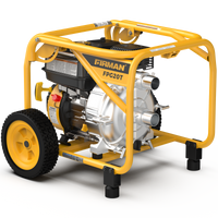 The FIRMAN Power Equipment 2-Inch Portable High Pressure Water and Semi-Trash Pump is a yellow and black portable generator with wheels and an engine, seamlessly incorporating a gas-powered pump design.