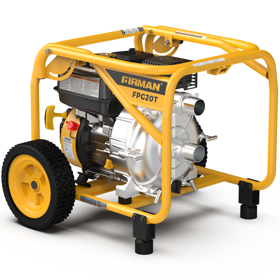 The FIRMAN Power Equipment 2-Inch Portable High Pressure Water and Semi-Trash Pump is a yellow and black portable generator with wheels and an engine, seamlessly incorporating a gas-powered pump design.