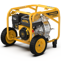 The yellow 2-Inch Portable High Pressure Water and Semi-Trash Pump by FIRMAN Power Equipment, featuring a 196cc engine, is designed with a protective frame and black wheels. This model incorporates a gas-powered mechanism for enhanced performance.