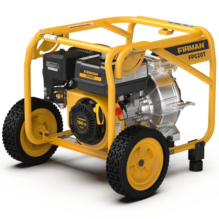 The yellow 2-Inch Portable High Pressure Water and Semi-Trash Pump by FIRMAN Power Equipment, featuring a 196cc engine, is designed with a protective frame and black wheels. This model incorporates a gas-powered mechanism for enhanced performance.