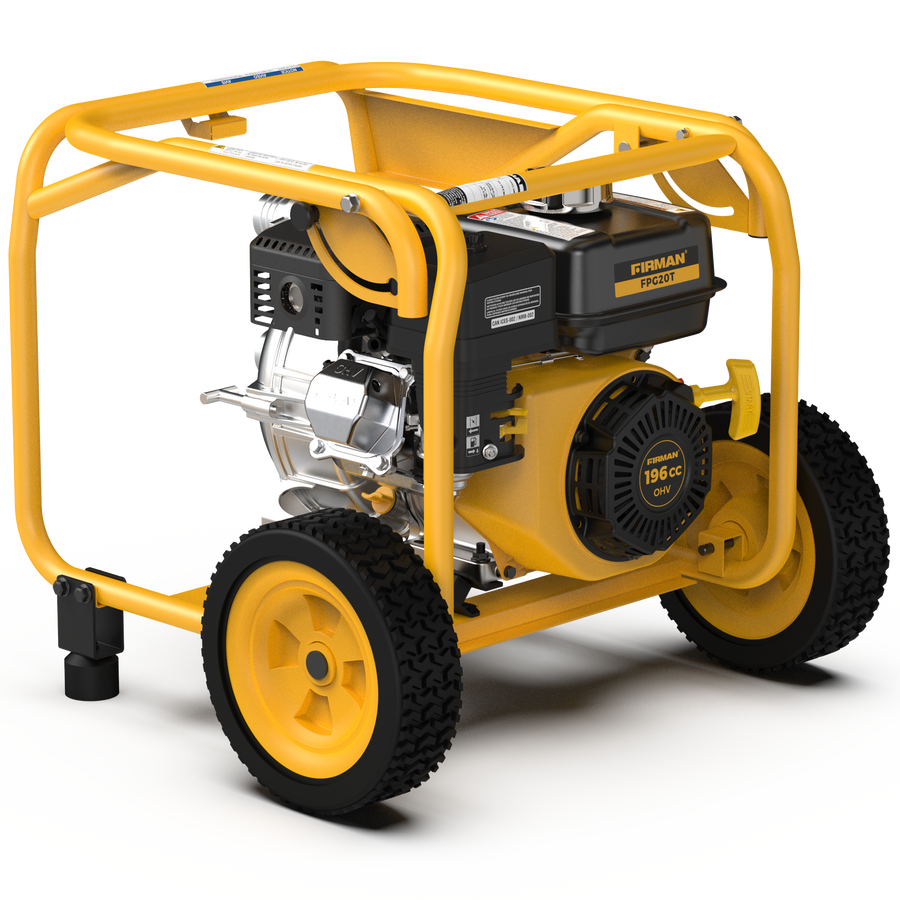 The 2-Inch Portable High Pressure Water and Semi-Trash Pump from FIRMAN Power Equipment features a yellow frame and wheels, powered by a prominently displayed 196cc engine. Designed for efficiency, this gas-powered pump ensures peak performance for any task.