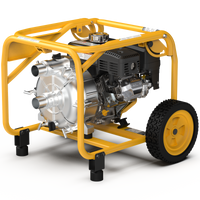 Introducing the 2-Inch Portable High Pressure Water and Semi-Trash Pump by FIRMAN Power Equipment: a portable, yellow-frame gas-powered pump on wheels equipped with a robust black engine and self-priming cast iron pump components, ideal for efficient fluid transfer in diverse settings.